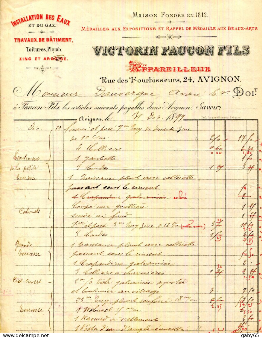 FACTURE.84.AVIGNON.INSTALLATION DES EAUX.TOITURES PLOMB,ZINC & ARDOISE.VICTORIN FAUCON FILS 24 RUE DES FOURBISSEURS. - Artigianato