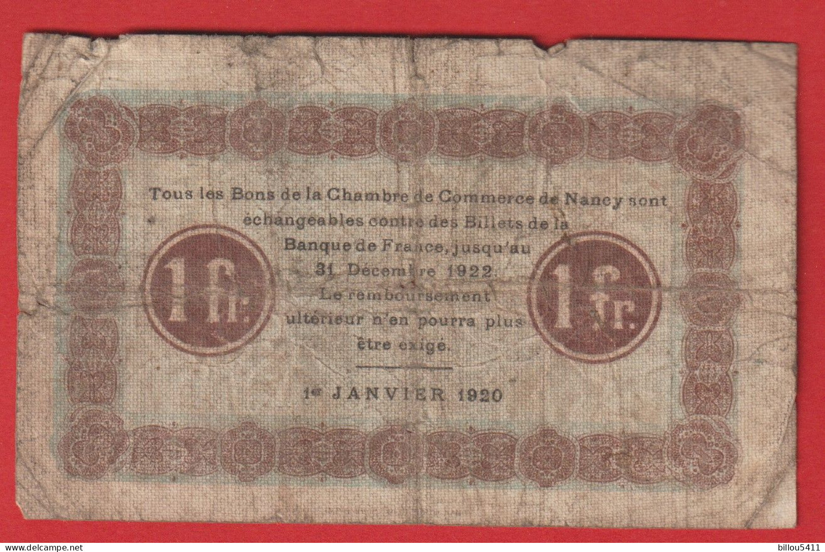 NANCY (54) 1 Franc 1 Janvier 1920- Chambre De Commerce - Chambre De Commerce