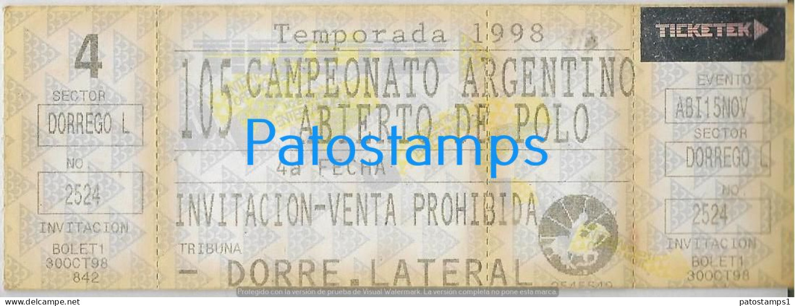 223670 SPORTS POLO CAMPEONATO ARGENTINA TEMPORADA 1998 TICKET ENTRADA NO POSTCARD - Tickets D'entrée