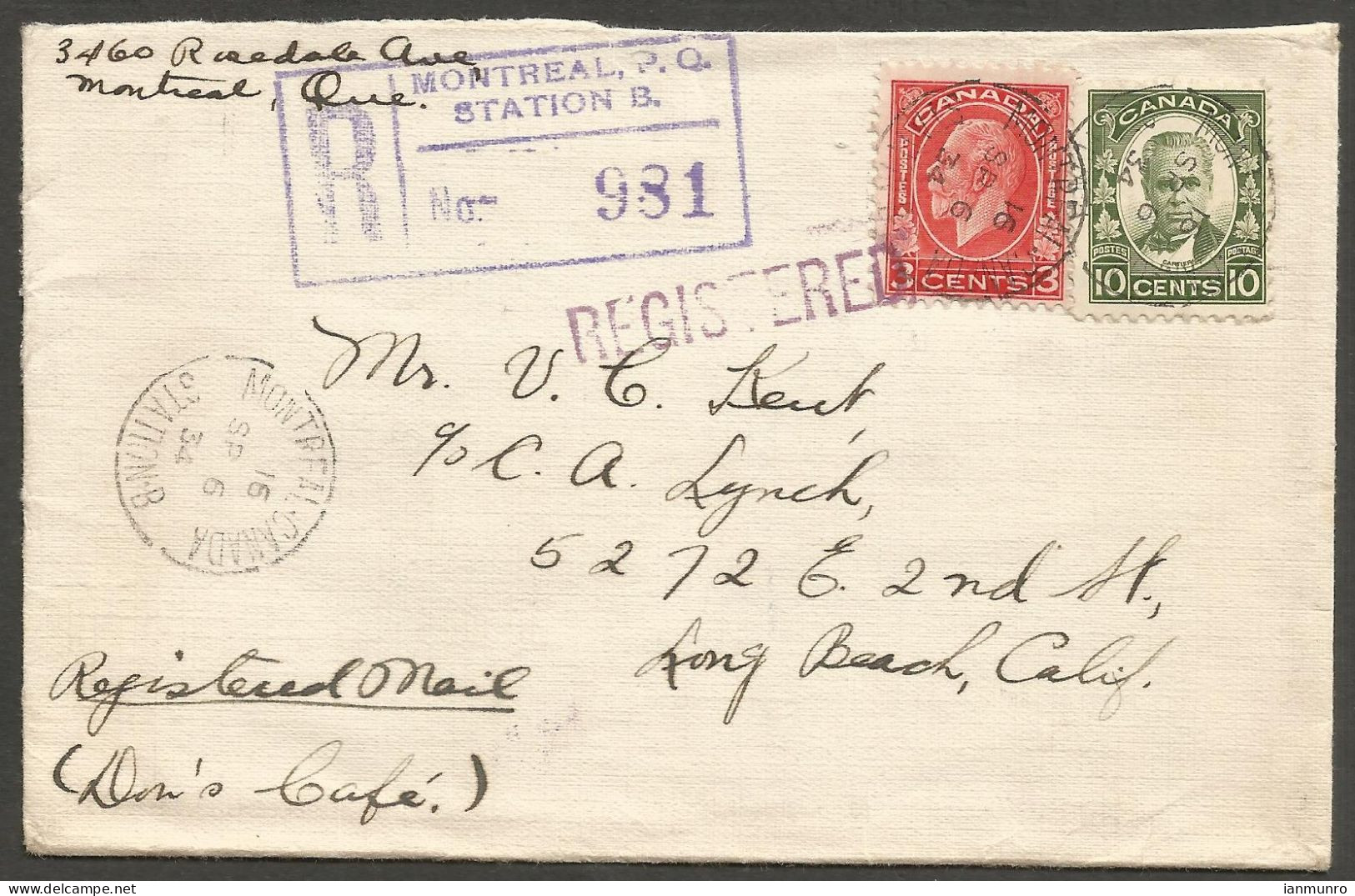 1934 Registered Cover 13c Cartier/Medallion CDS Montreal Station B Quebec PQ To USA - Postal History