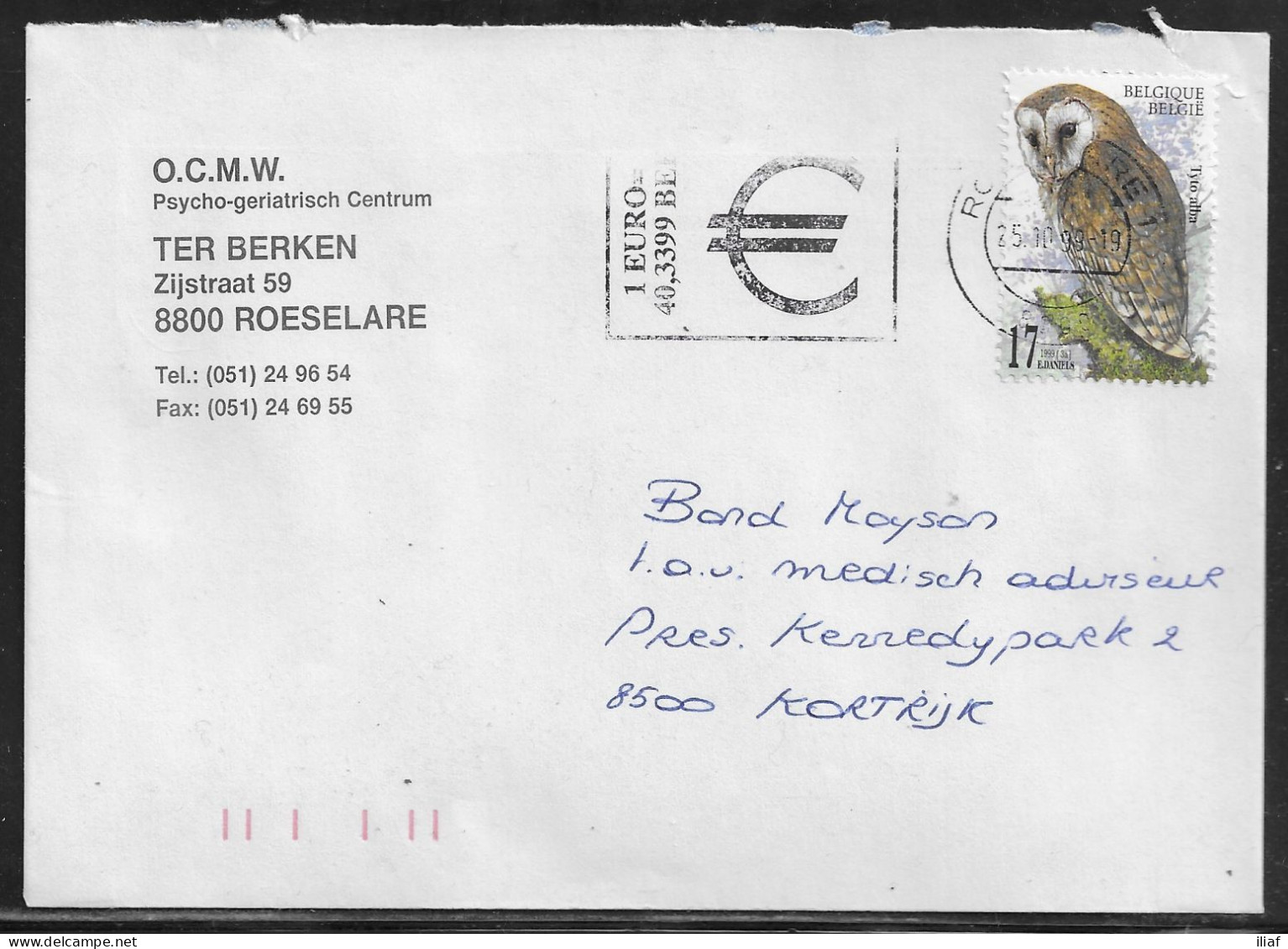 Belgium. Stamp Mi. 2857 On Letter Sent From Roeselare On 25.10.1999 For Kortrijk - Covers & Documents