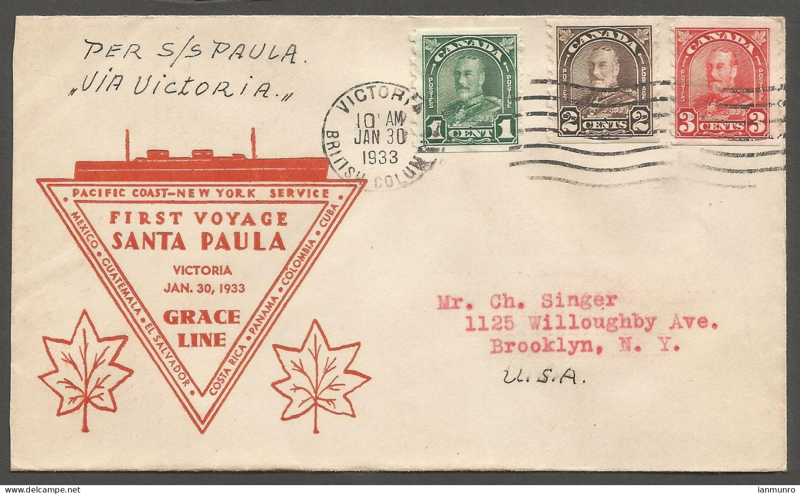 1933 Santa Paula First Voyage Cover 6c Arch Coils Machine Victoria BC To USA - Histoire Postale