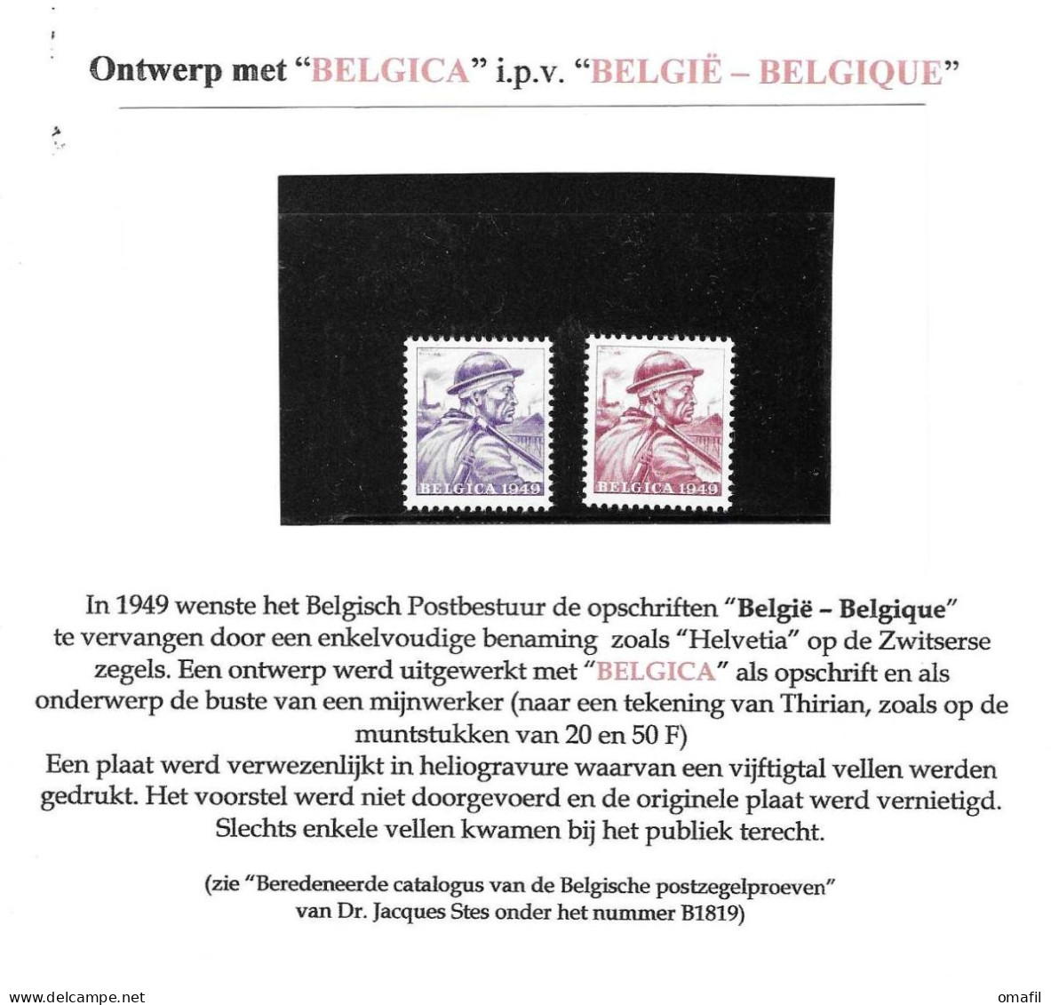 Ontwerp "Belgica" I.p.v. België - Belgique - Probe- Und Nachdrucke