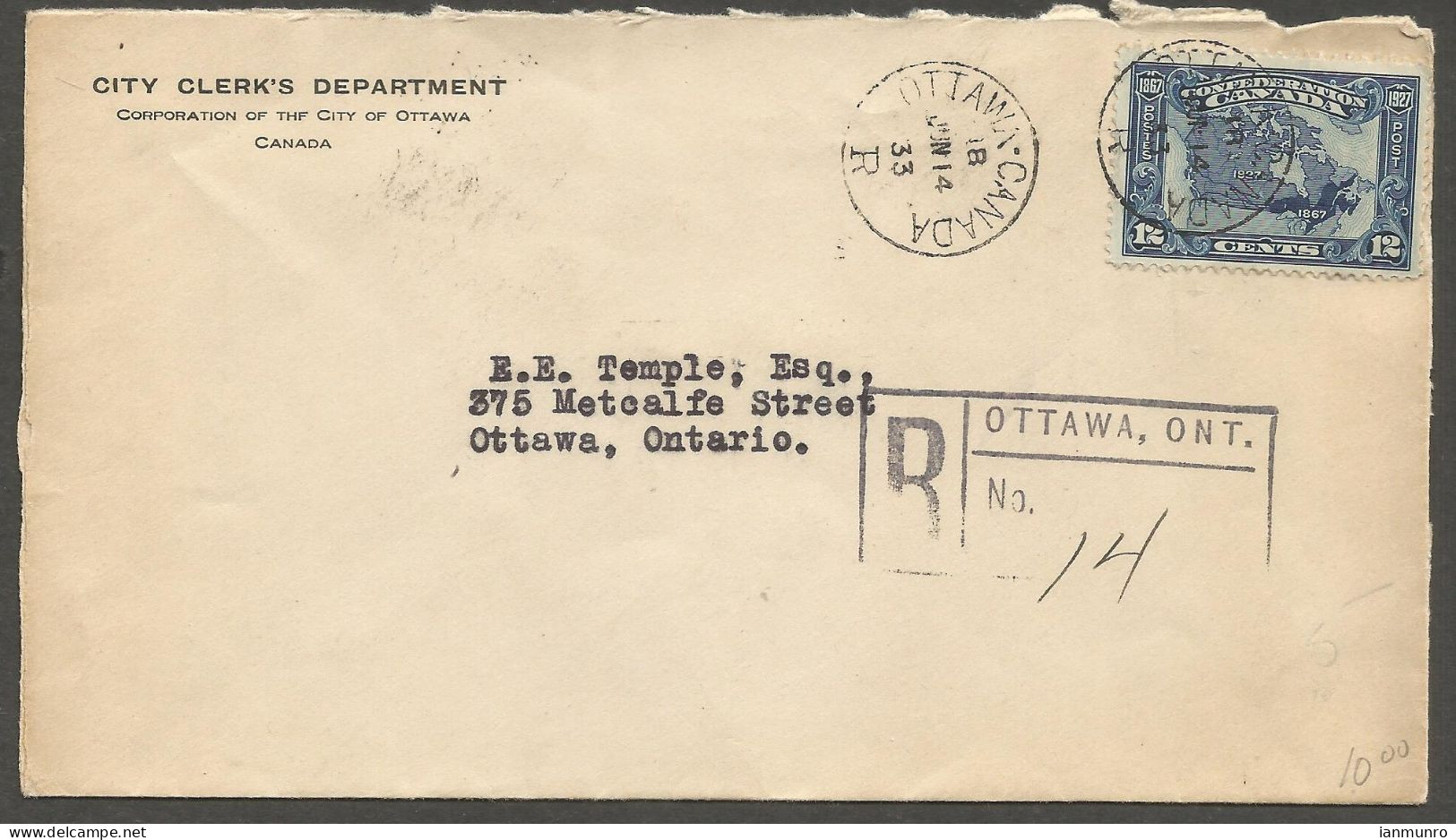 1933 City Clerk Corner Cover Registered 12c Confederation CDS Ottawa Ontario Local - Postgeschiedenis