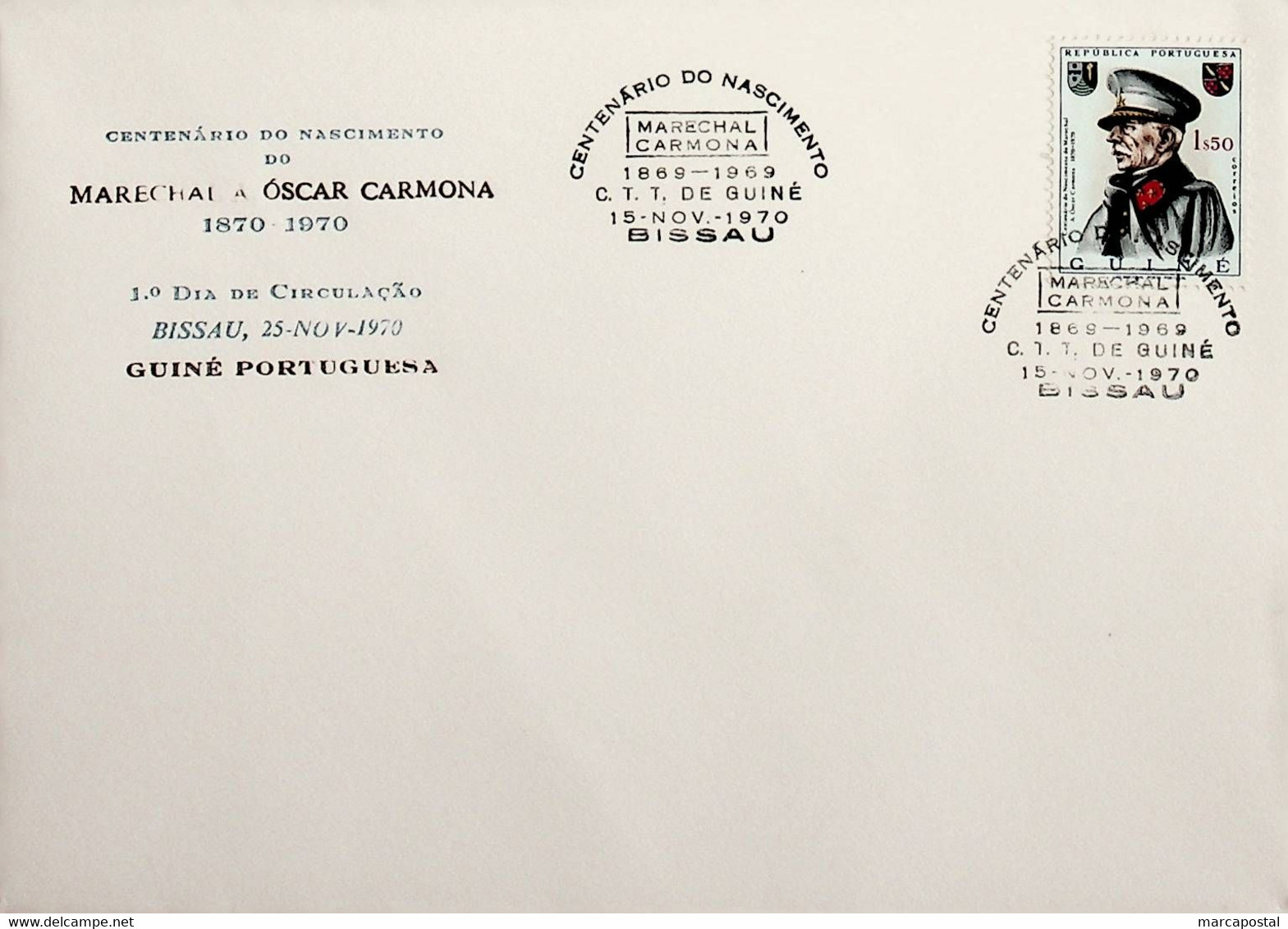 1970 Guiné Portuguesa FDC Centenário Do Nascimento Do Marechal Carmona - Portuguese Guinea