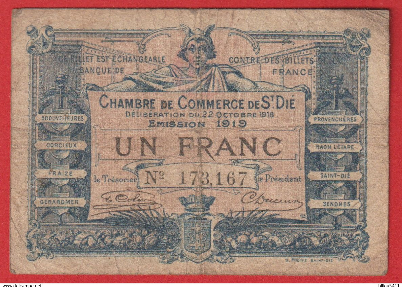 1 Franc Chambre De Commerce De St Dié 1919 - Chambre De Commerce