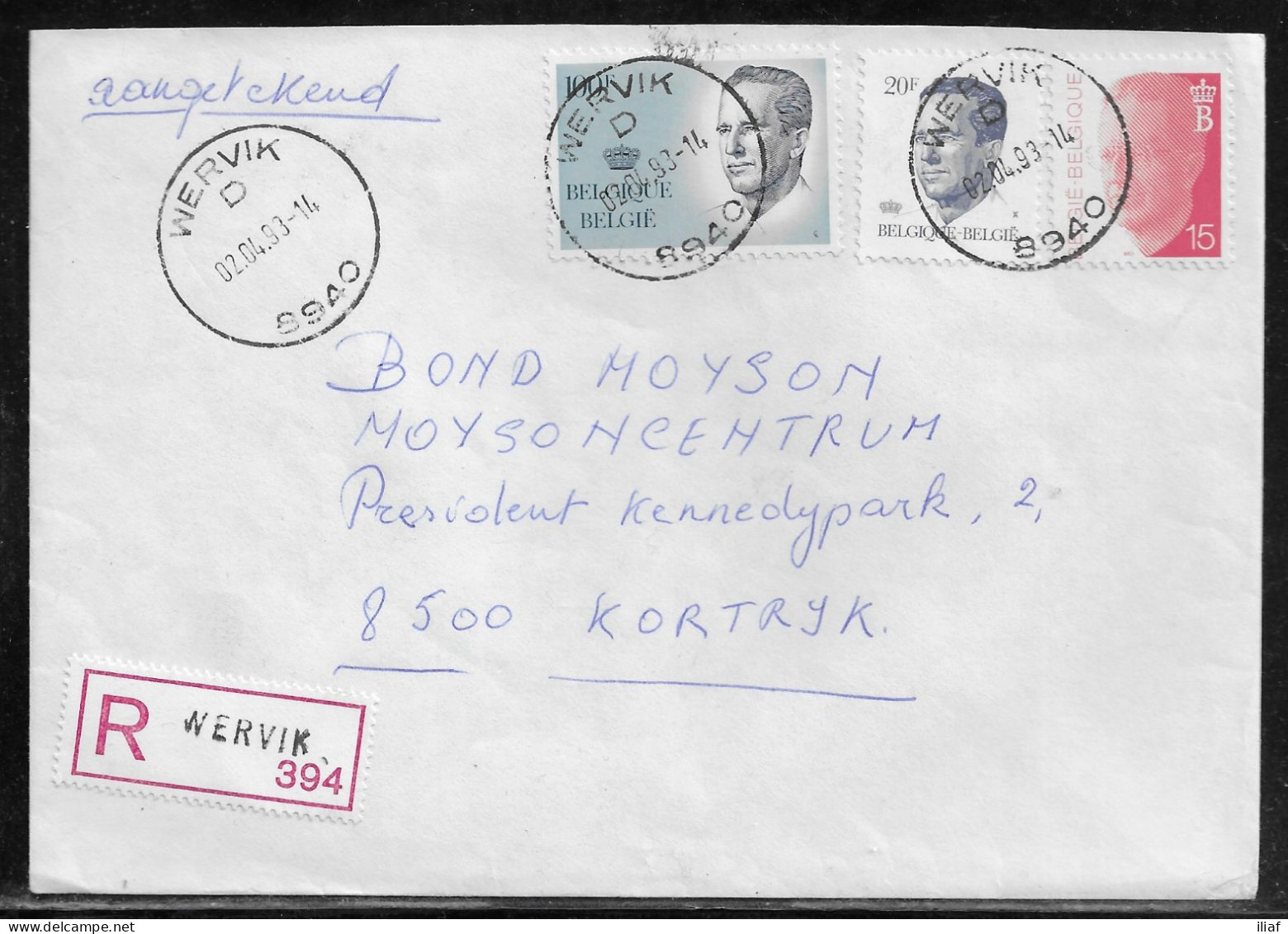 Belgium. Stamps Mi. 2189, 2187, 2501 On Registered Letter Sent From Wervik On 2.04.1993 For Kortrijk - Covers & Documents