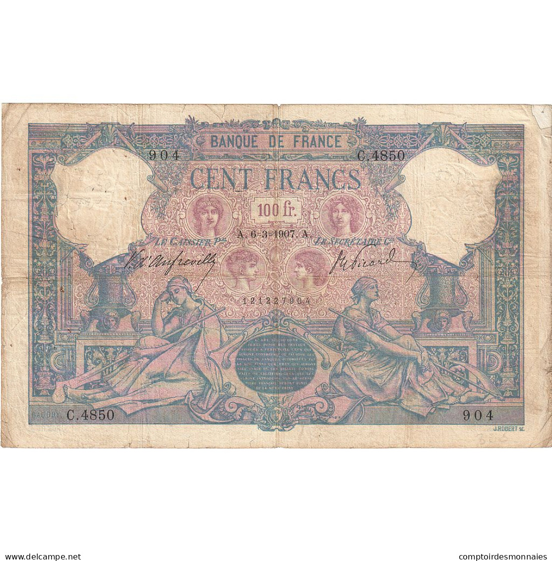 France, 100 Francs, Bleu Et Rose, 1907, C.4850, TB, Fayette:21.21, KM:65d - 100 F 1888-1909 ''Bleu Et Rose''