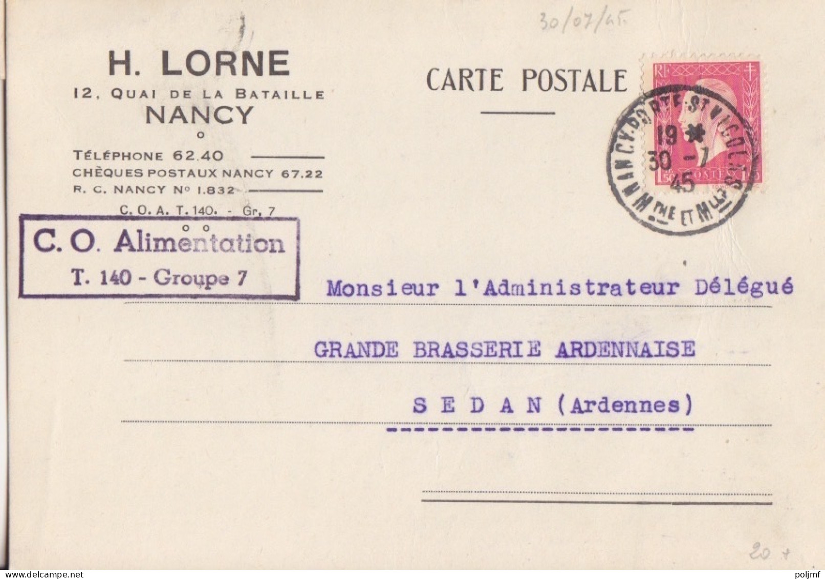 4 CP-Lettre (H. Lorne) Obl. Nancy Pte St Nicolas Du 28/7/45 Au 26/11/45 Sur 1f50 Dulac Rose N° 691 (Tarif Du 1/3/45) - 1944-45 Marianna Di Dulac