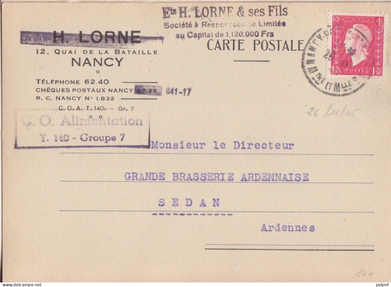 4 CP-Lettre (H. Lorne) Obl. Nancy Pte St Nicolas du 28/7/45 au 26/11/45 sur 1f50 Dulac rose N° 691 (Tarif du 1/3/45)