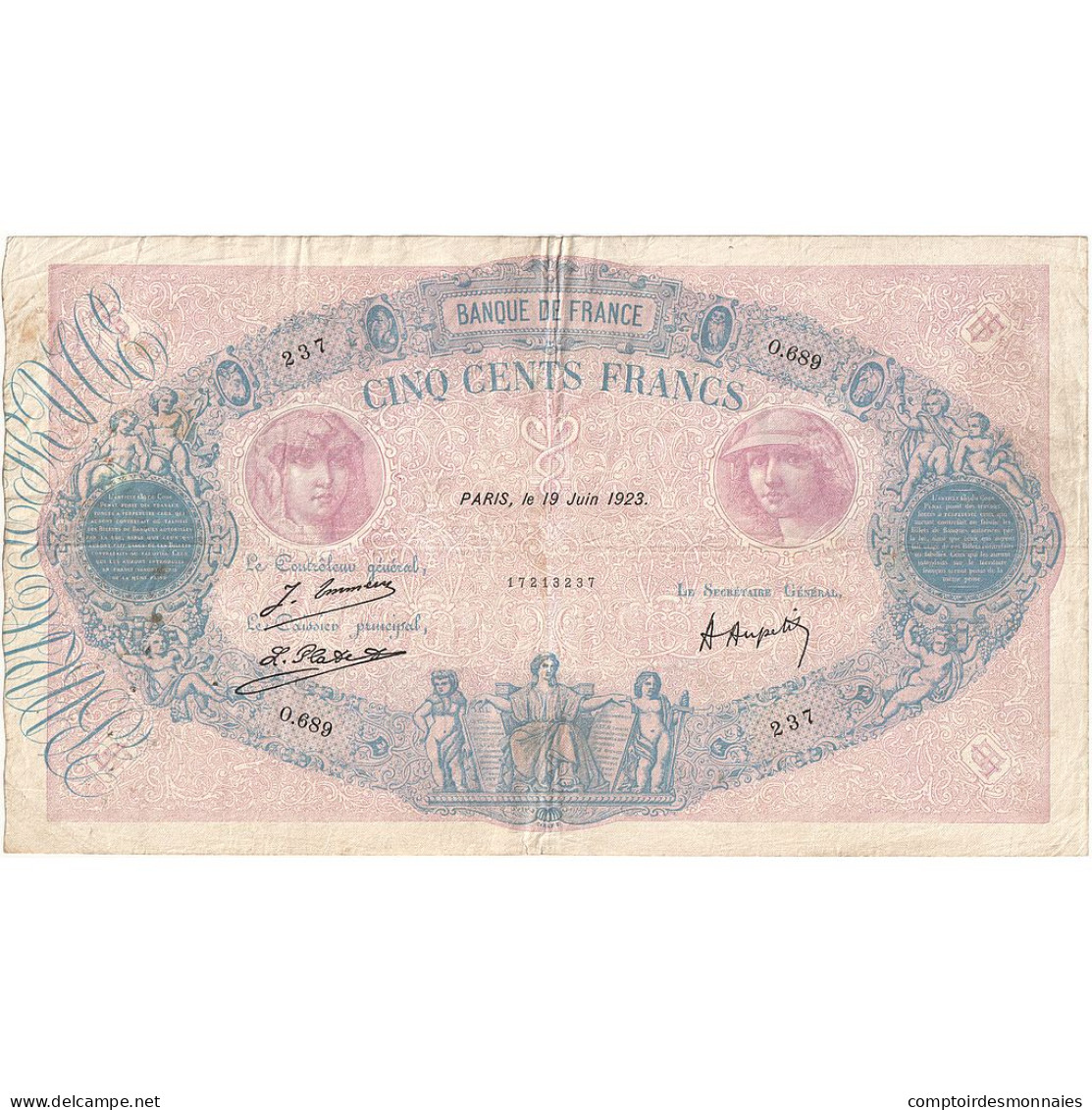 France, 500 Francs, Bleu Et Rose, 1923, O.689, TB+, Fayette:30.27, KM:66j - 500 F 1888-1940 ''Bleu Et Rose''