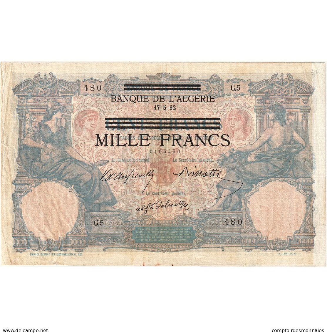 Tunisie, 1000 Francs On 100 Francs, 1892, 1892-05-17, KM:31, TTB - Algerien