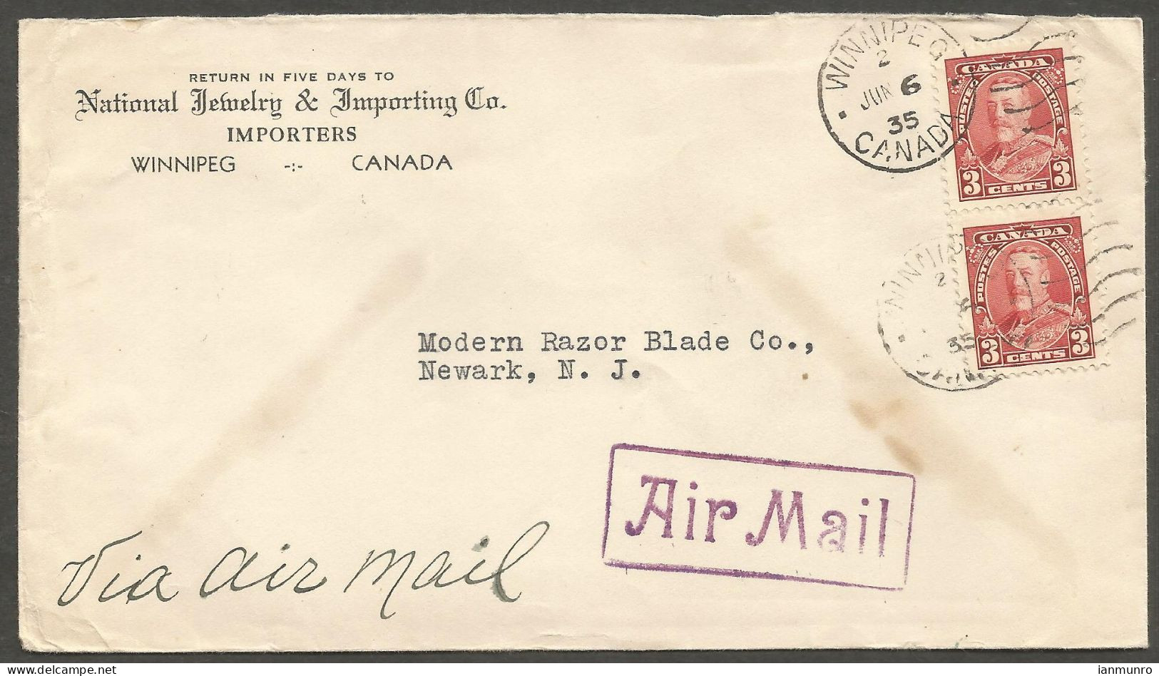 1935 National Jewelry Advertising Airmail Cover 6c Pictorials Duplex Winnipeg Manitoba To USA - Storia Postale