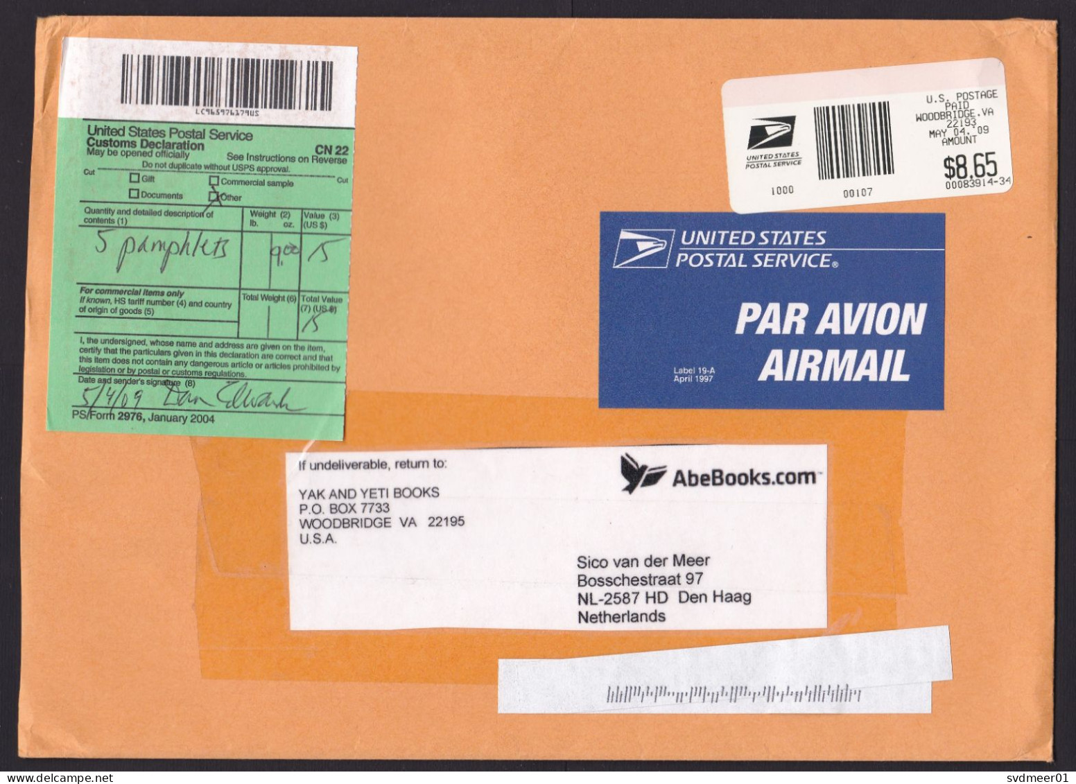 USA: Airmail Cover To Netherlands, 2009, ATM Machine, Uncommon Large Air Label, CN22 Customs Declaration (traces Of Use) - Covers & Documents