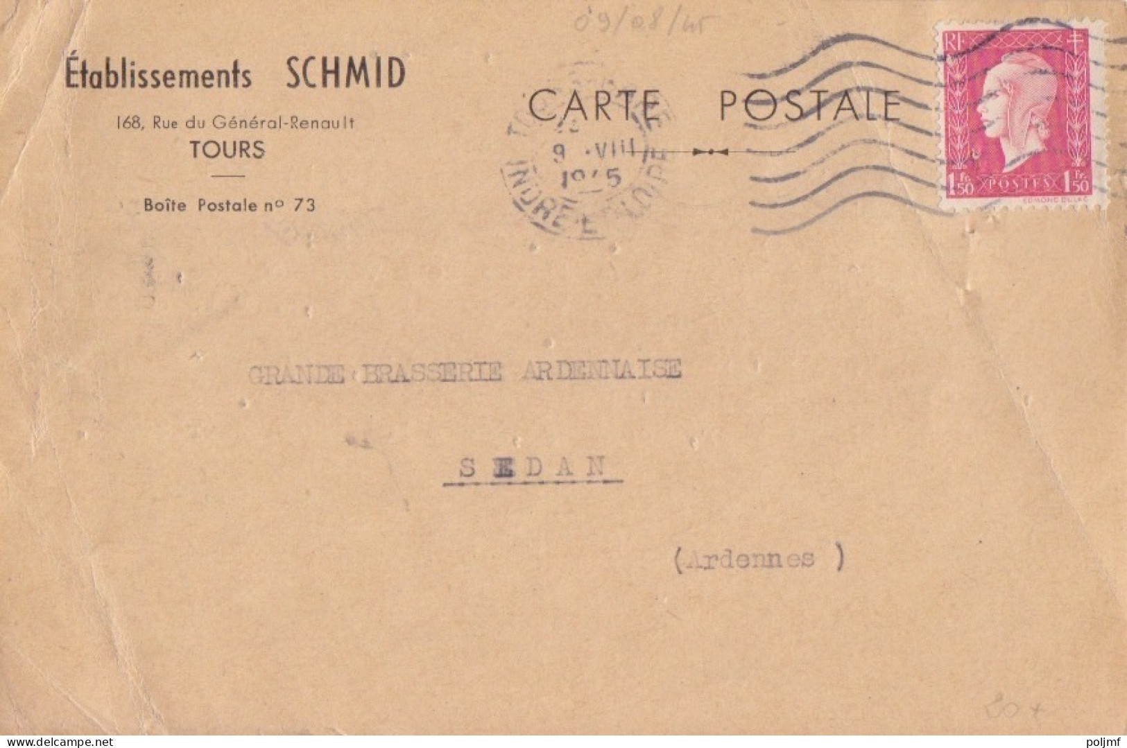 CP-Lettre (Ets Schmid) Obl. Flier Tours-Gare Le 9/8/45 Sur 1f50 Dulac Rose N° 691 (Tarif Du 1/3/45) - 1944-45 Marianne Of Dulac