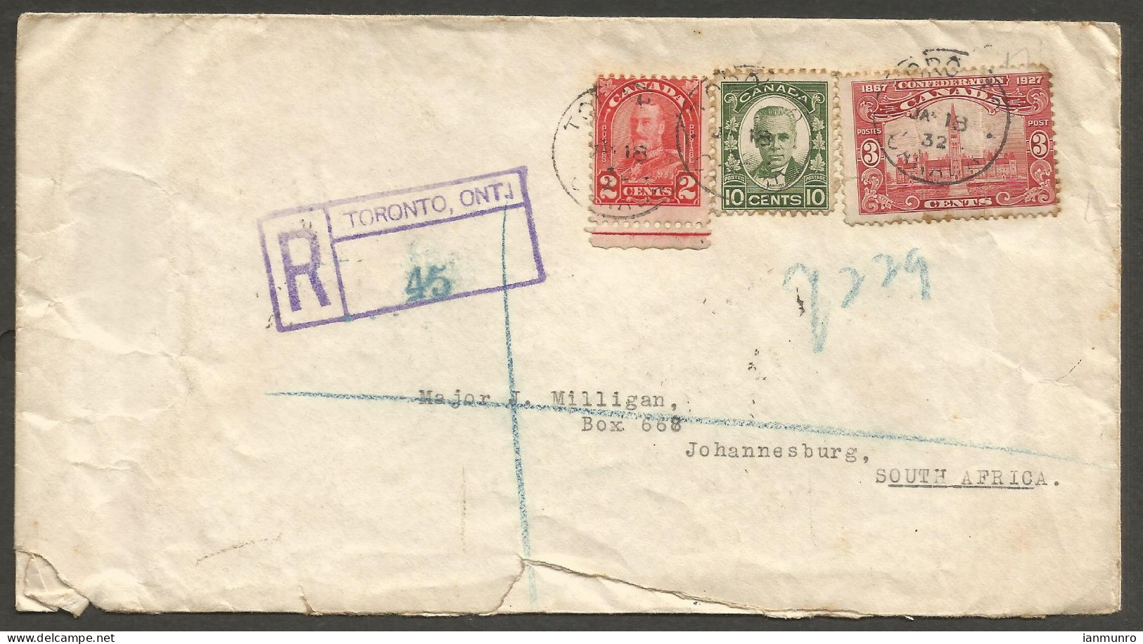 1932 Registered Cover 15c Arch/Cartier/Confed CDS Toronto Ontario To South Africa - Postgeschiedenis