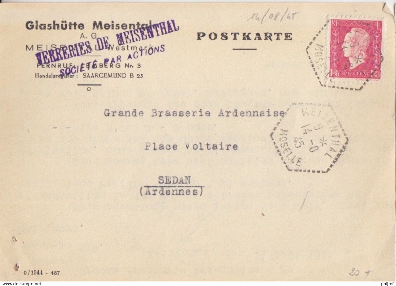 CP-Lettre (Glashütte Meisental) Obl. Meisenthal Le 14/8/45 Sur 1f50 Dulac Rose N° 691 (Tarif Du 1/3/45) - 1944-45 Marianne Of Dulac