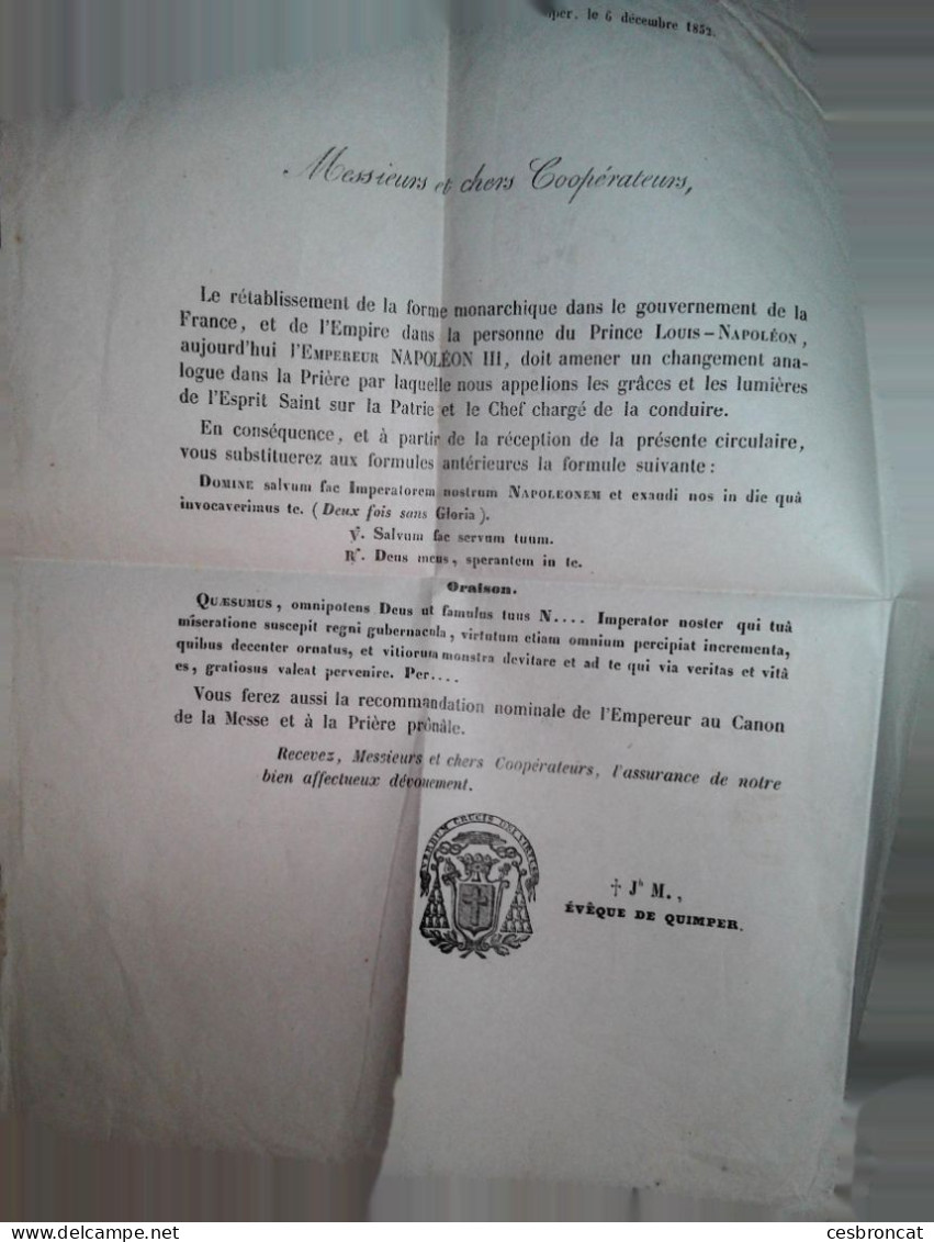 O 7 Lettre  Quimper  Pour Recteur De Ploumoguer Sujet éveque De Quimper Instructions..... - 1852 Louis-Napoléon