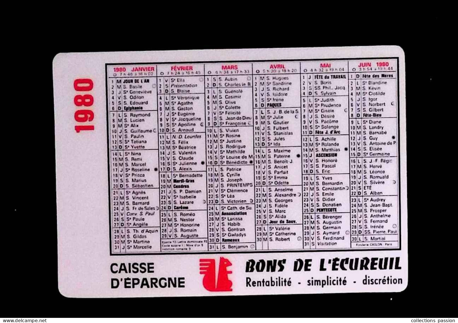 Calendrier Petit Format, 1980, Caisse D'épargne, Bons De L'Ecureuil, 2 Scans - Petit Format : 1971-80