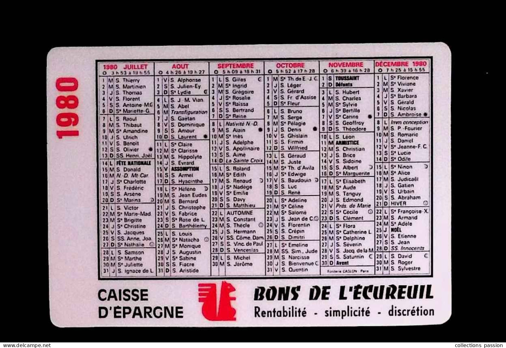 Calendrier Petit Format, 1980, Caisse D'épargne, Bons De L'Ecureuil, 2 Scans - Kleinformat : 1971-80