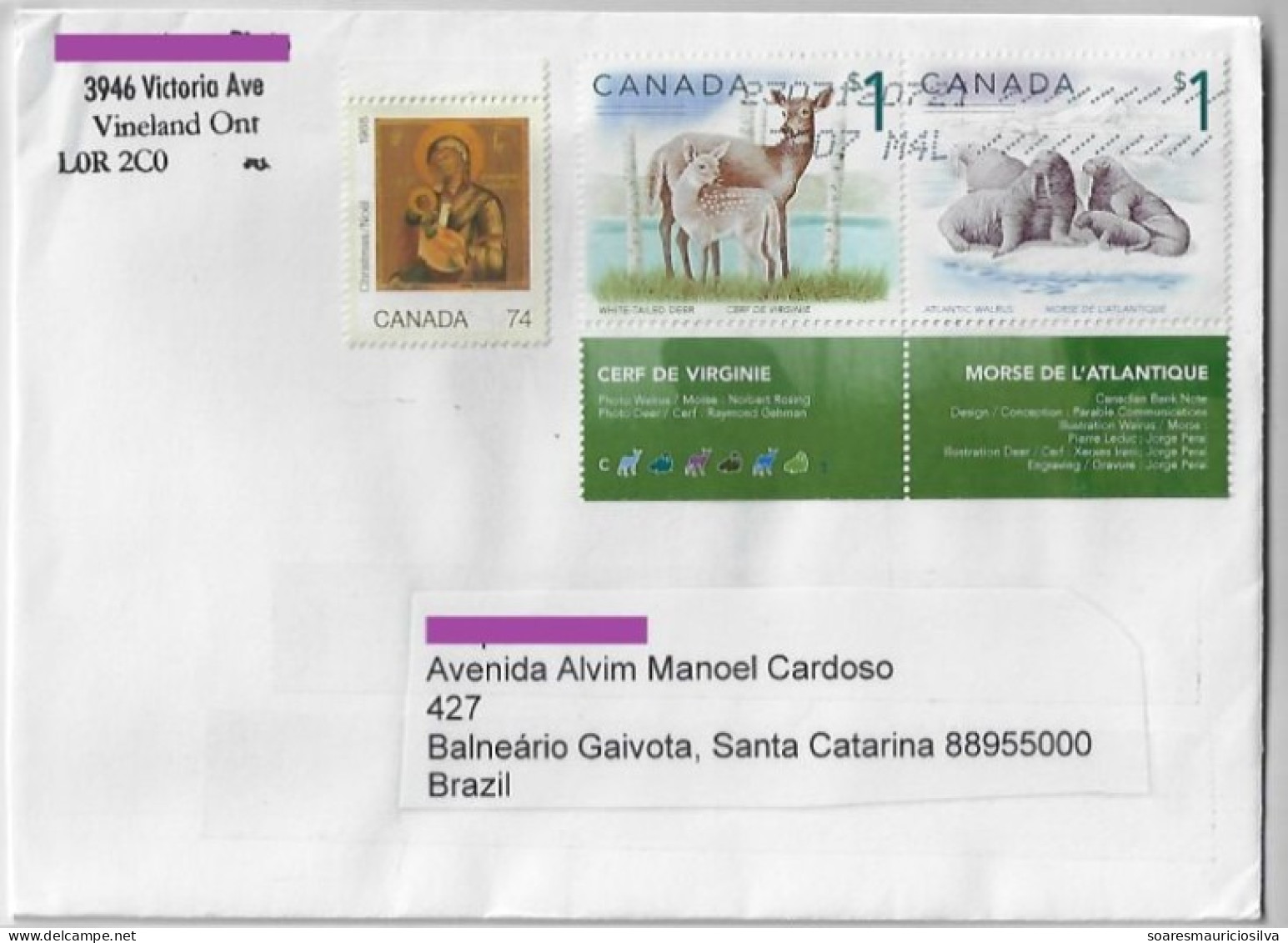 Canadá 2012 Cover Ontario To Balneário Gaivota Brazil Stamp White-Tailed Deer Atlantic Walrus Christmas Sorting Mark - Cartas & Documentos