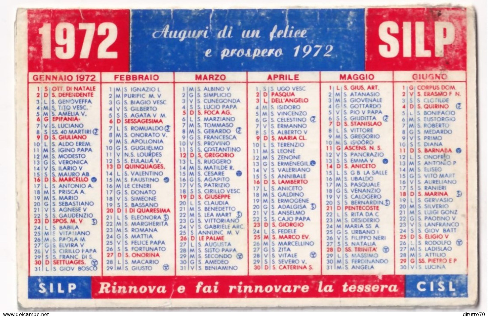 Calendarietto - Silp - Cisl - Anno 1972 - Petit Format : 1971-80