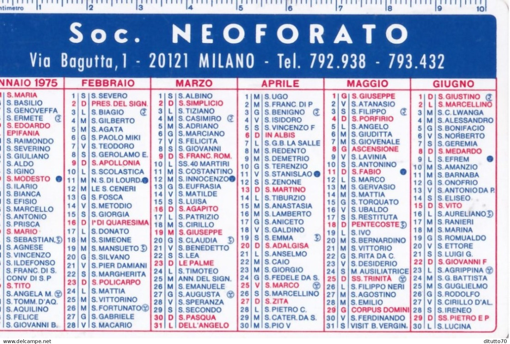 Calendarietto - Soc. Neoforato - Milano - Anno 1975 - Petit Format : 1971-80