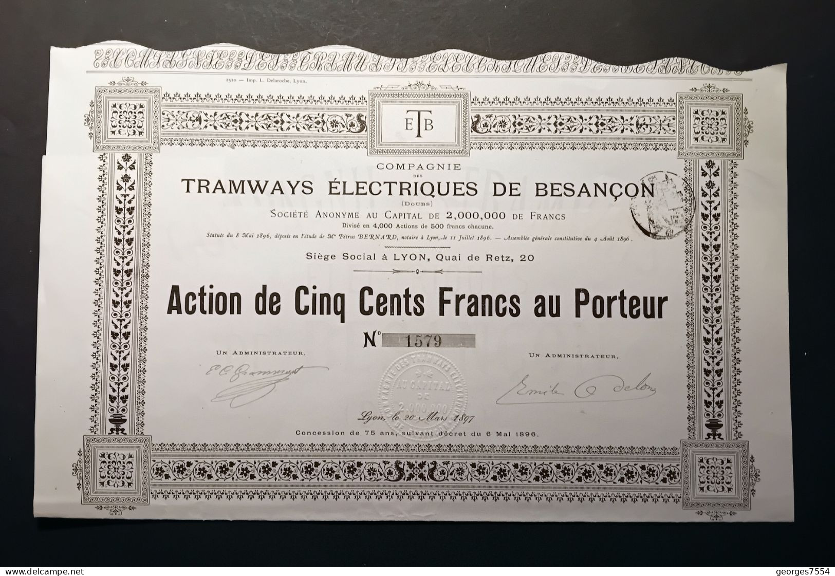 TRAMWAYS ELECTRIQUES DE BESANCON - ACTION DE 500 FRANCS 1897 - Transports