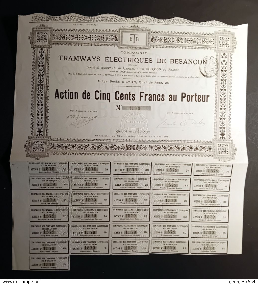 TRAMWAYS ELECTRIQUES DE BESANCON - ACTION DE 500 FRANCS 1897 - Transport