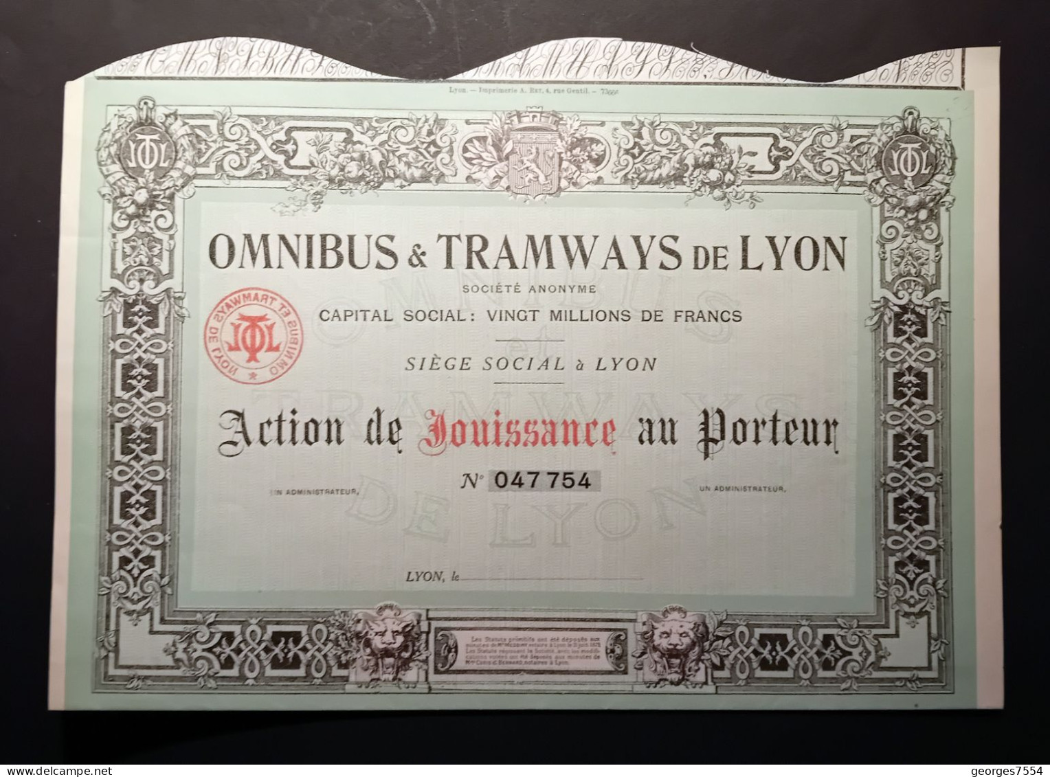 OMNIBUS & TRAMWAYS DE LYON  - ACTION DE JOUISSANCE AU PORTEUR - Transports