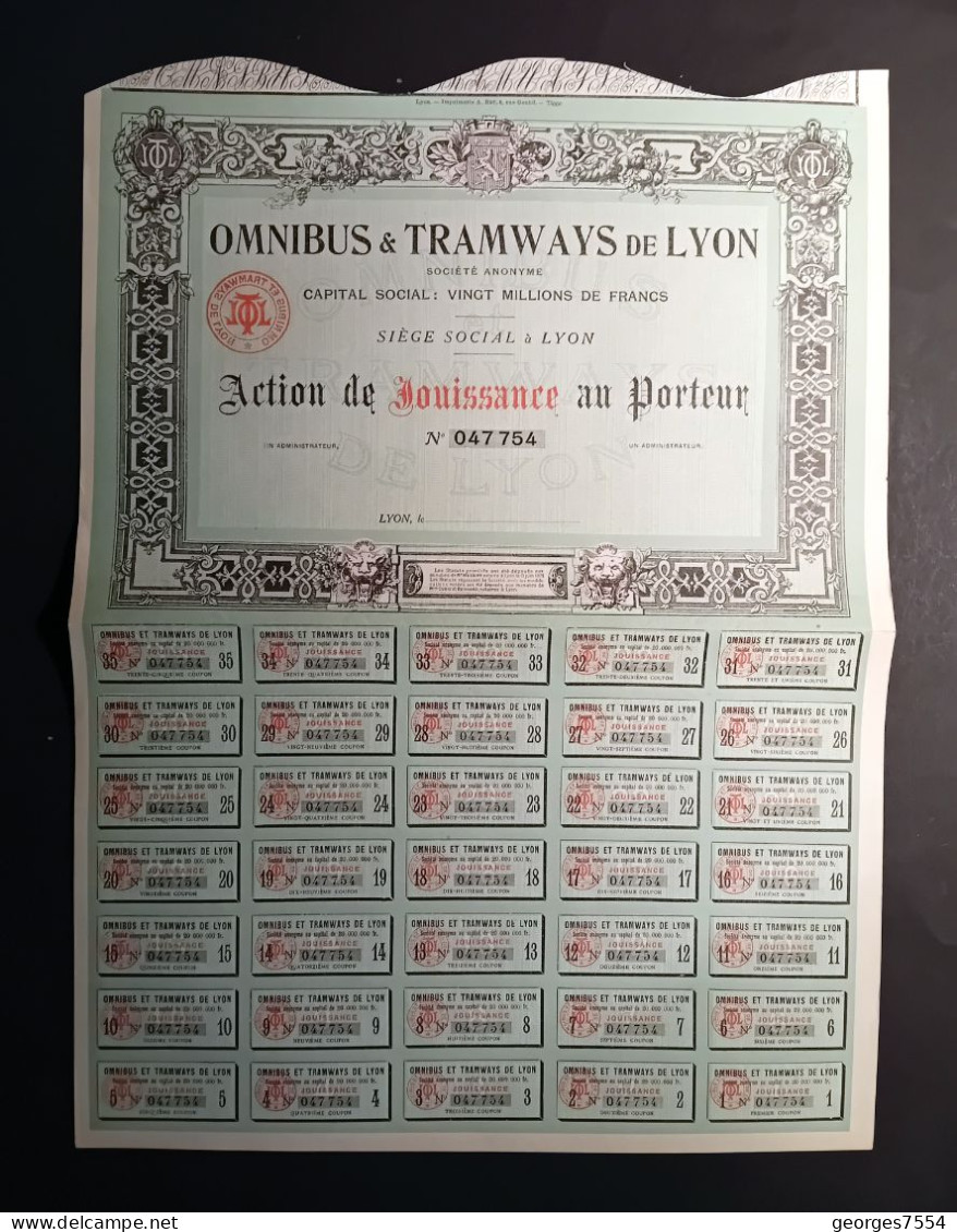 OMNIBUS & TRAMWAYS DE LYON  - ACTION DE JOUISSANCE AU PORTEUR - Trasporti