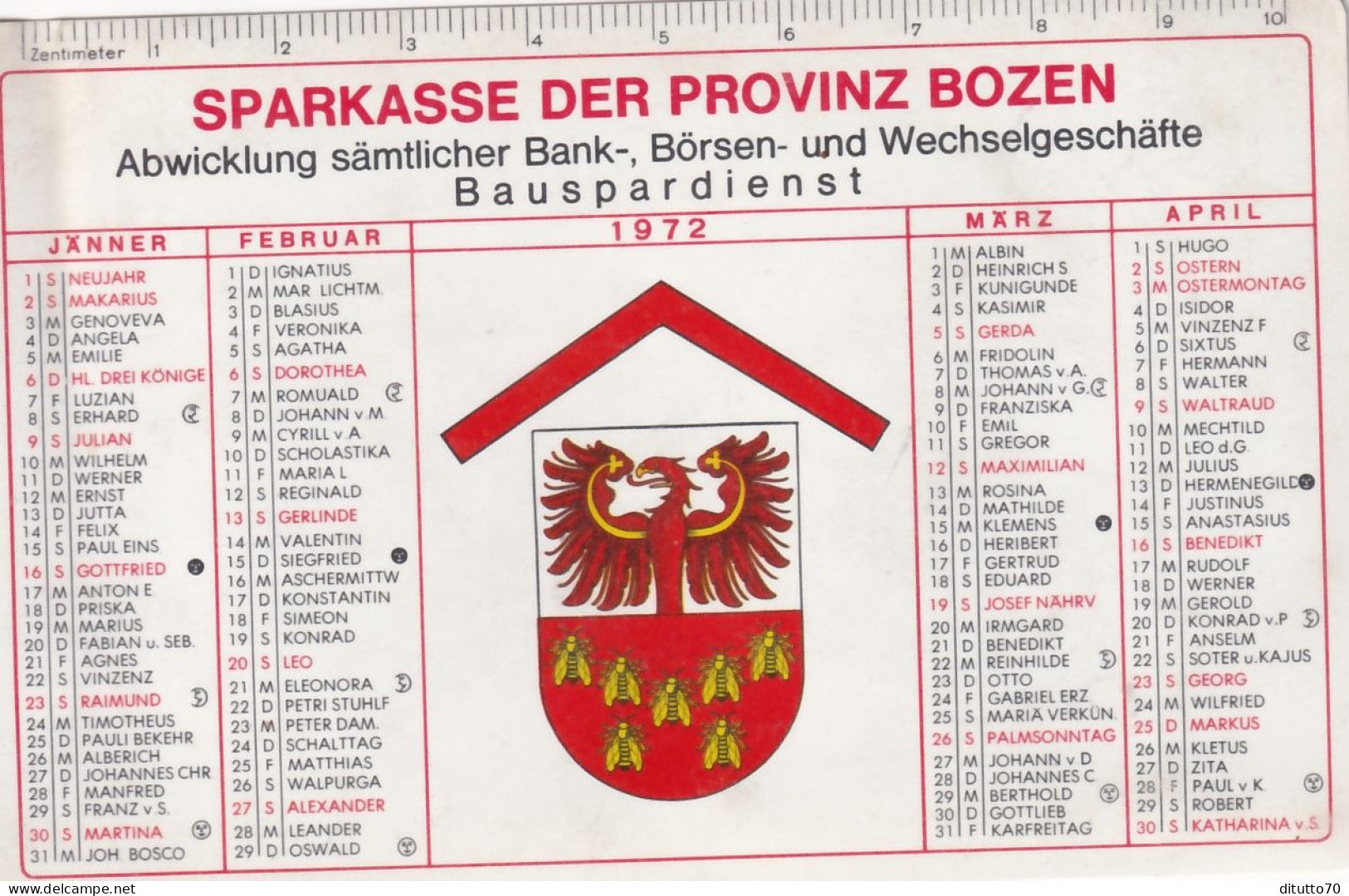 Calendarietto - Sparkasse Der Provinz Bozen - Anno 1972 - Petit Format : 1971-80