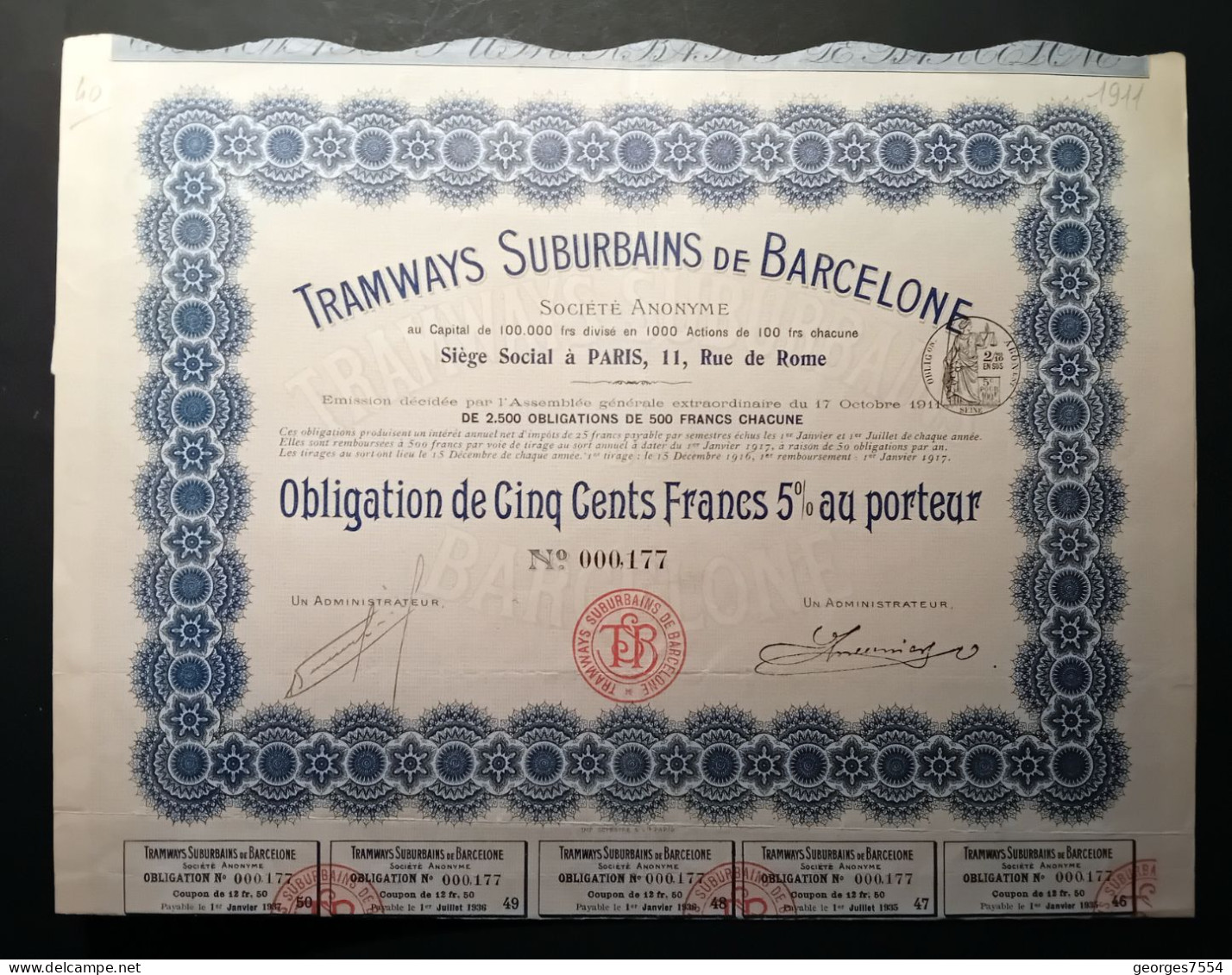 TRAMWAYS SUBURBAINS DE BARCELONE DE JOUISSANCE AU PORTEUR OBLIGATION DE 500 FRANCS 1911 - Transporte