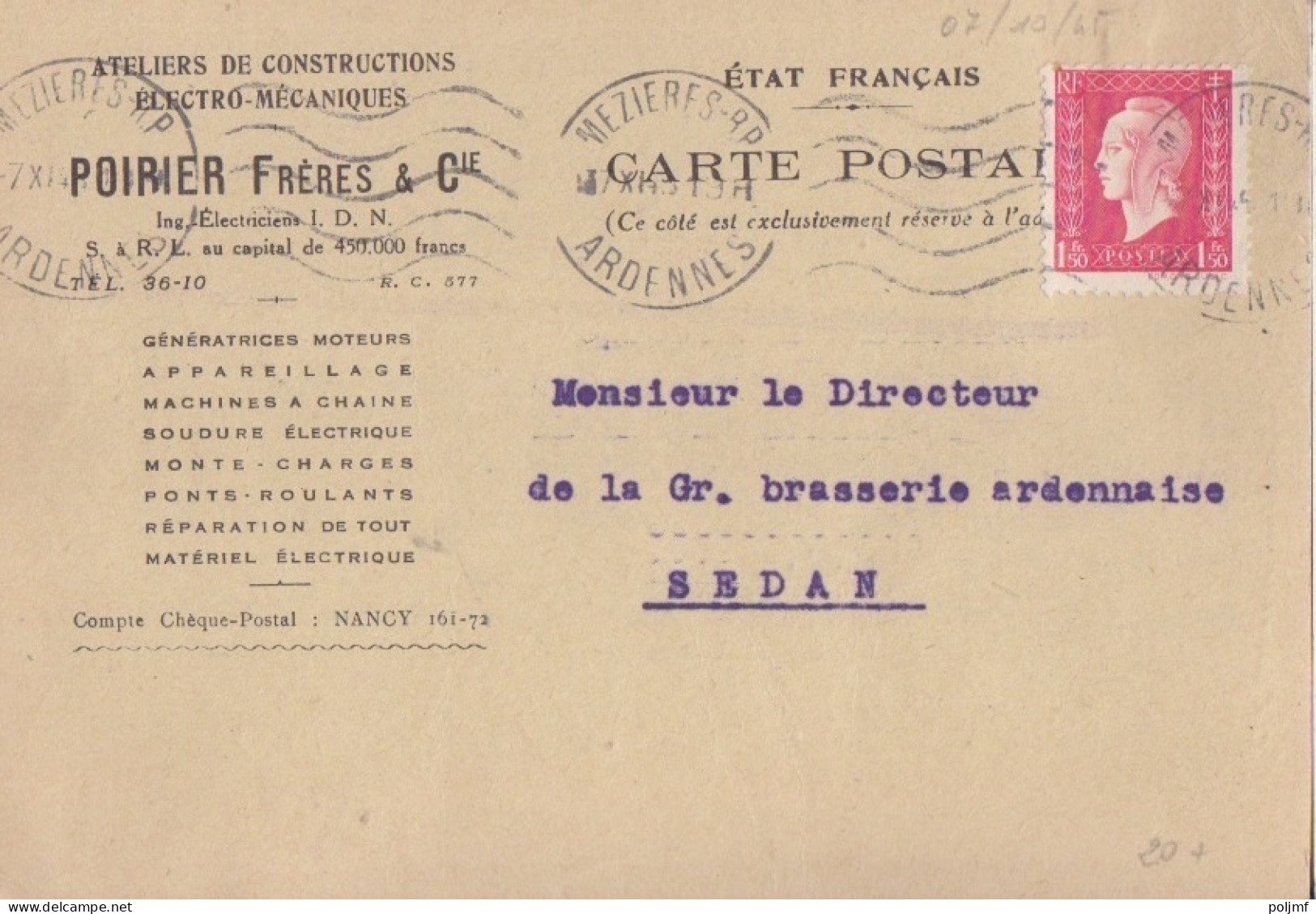 CP-Lettre (Electro-Mécaniques Poirier) Obl. RBV Mezieres RP Le 7 X 45 Sur 1f50 Dulac Rose N° 691 (Tarif Du 1/3/45) - 1944-45 Marianne Of Dulac