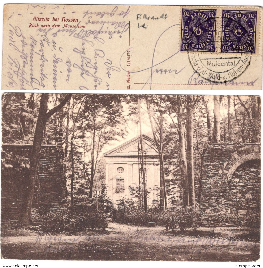 1923 Altzella Bei Nossen Blick Nach Mausoleum Werbestempel Muldental Infla MeF 2x 20 Mark - Nossen