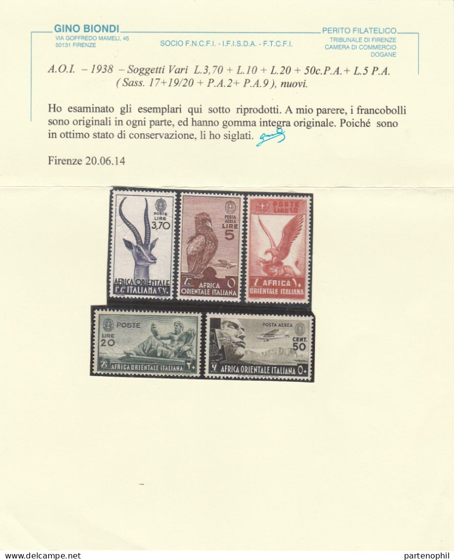 263 Africa Orientale Italiana 1938 - Soggetti Vari N. 1/20+p.a.3/13+Es.1/2. Cert. Biondi. Cat. € 2500,00 MNH - Italian Eastern Africa