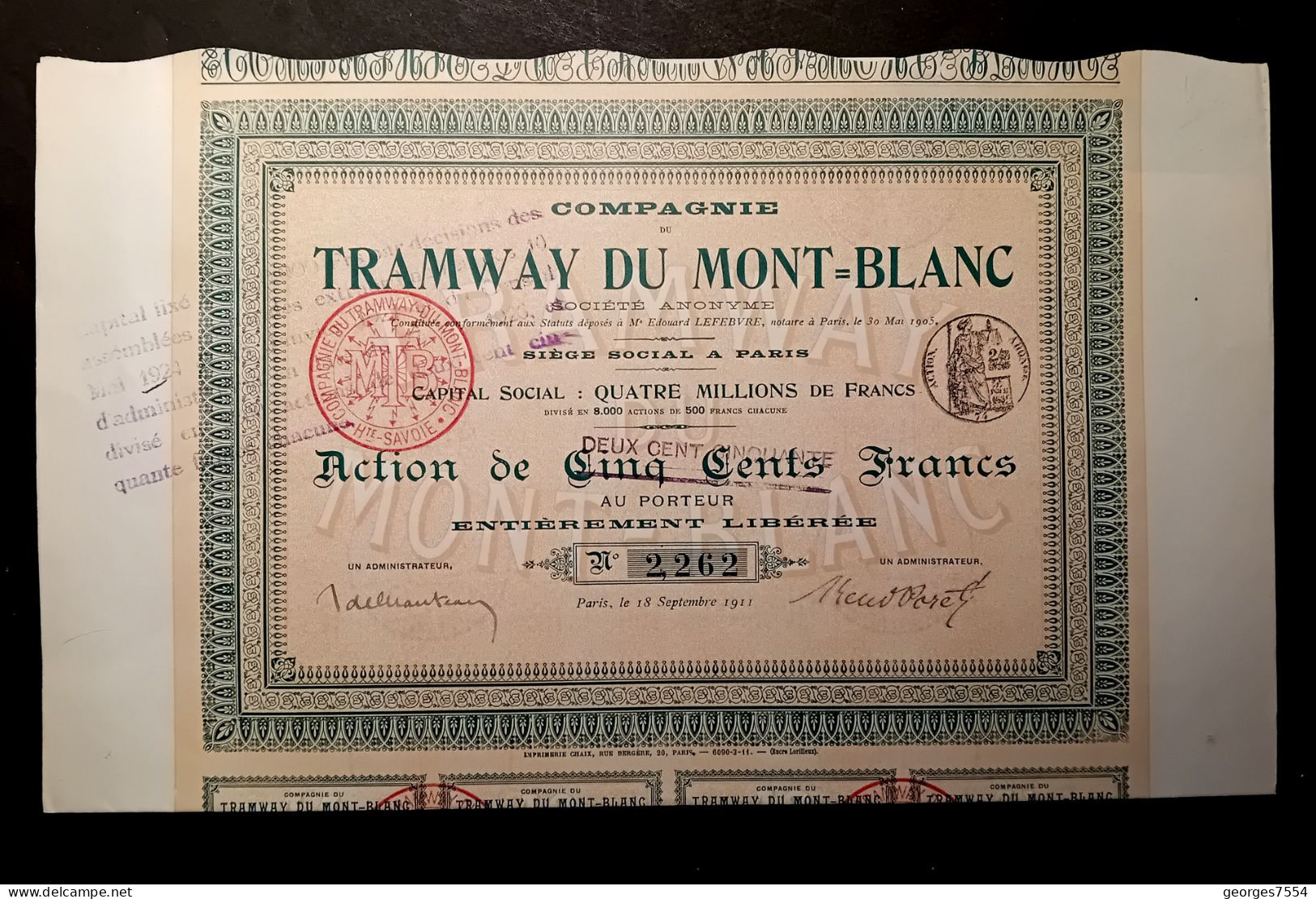 TRAMWAYS DU MONT-BLANC  - ACTION DE 500 FRANCS 1905 - Trasporti