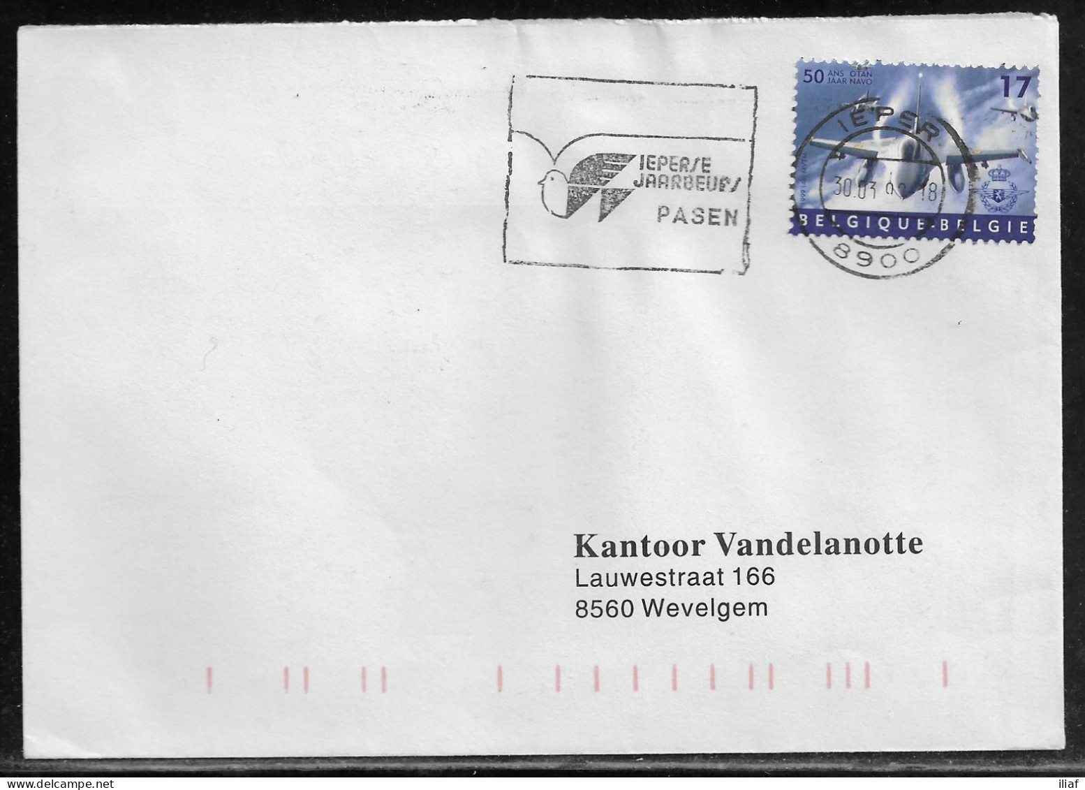 Elgium. Stamp Mi. 2862 On Letter Sent From Ieper On 30.03.1999 For Wevelgem - Lettres & Documents