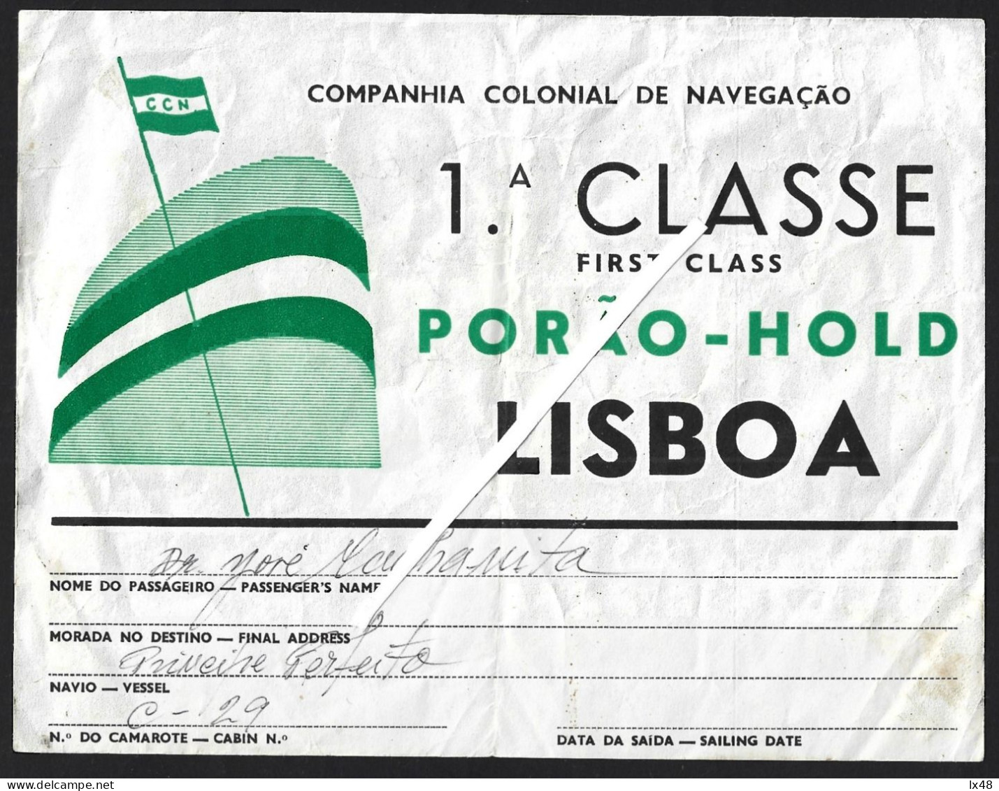 Document From CCN Colonial Navigation Company Of The Ship Príncipe Perfeito, 1962. Documento Da CCN Companhia Colonial D - Mundo