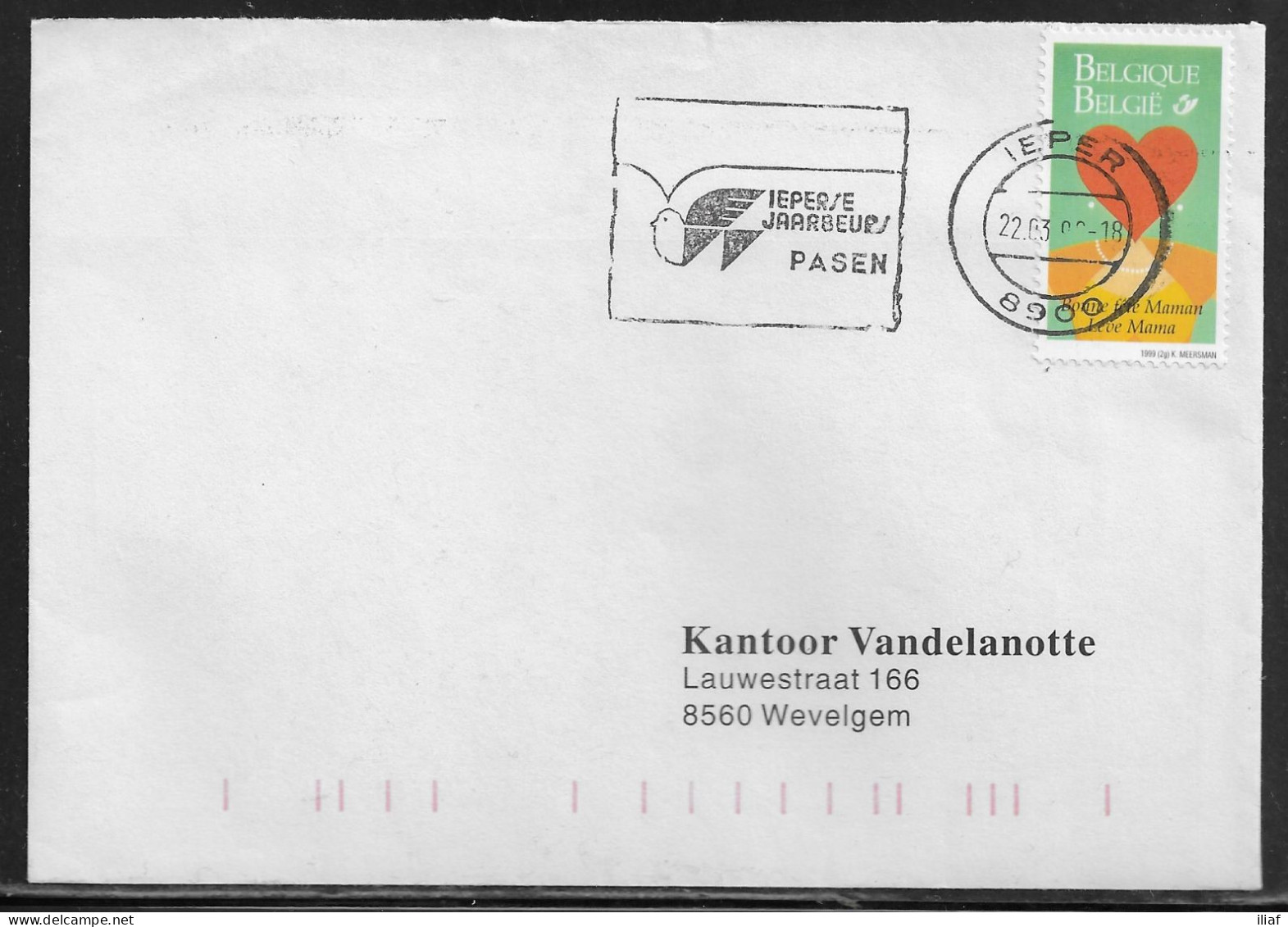 Belgium. Stamp Mi. 2851 On Letter Sent From Ieper On 22.03.1999 For Wevelgem - Storia Postale