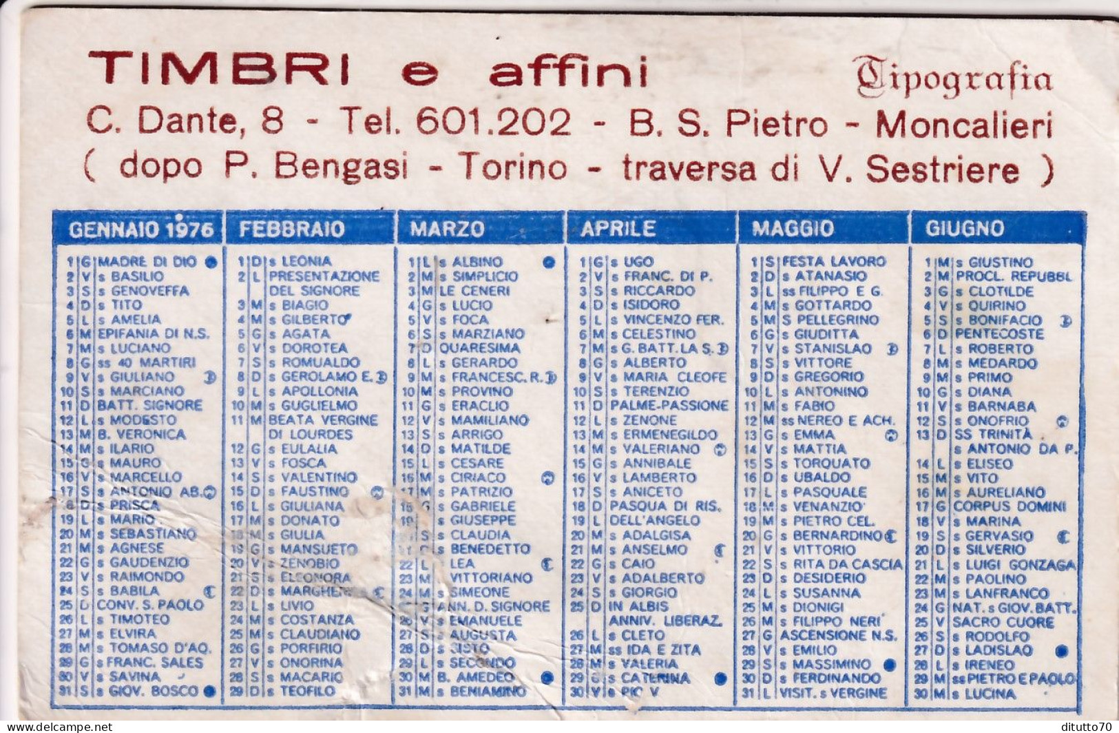 Calendarietto - Tipografia - Timbti E Affini - Moncalieri - Torino - Anno 1976 - Small : 1971-80