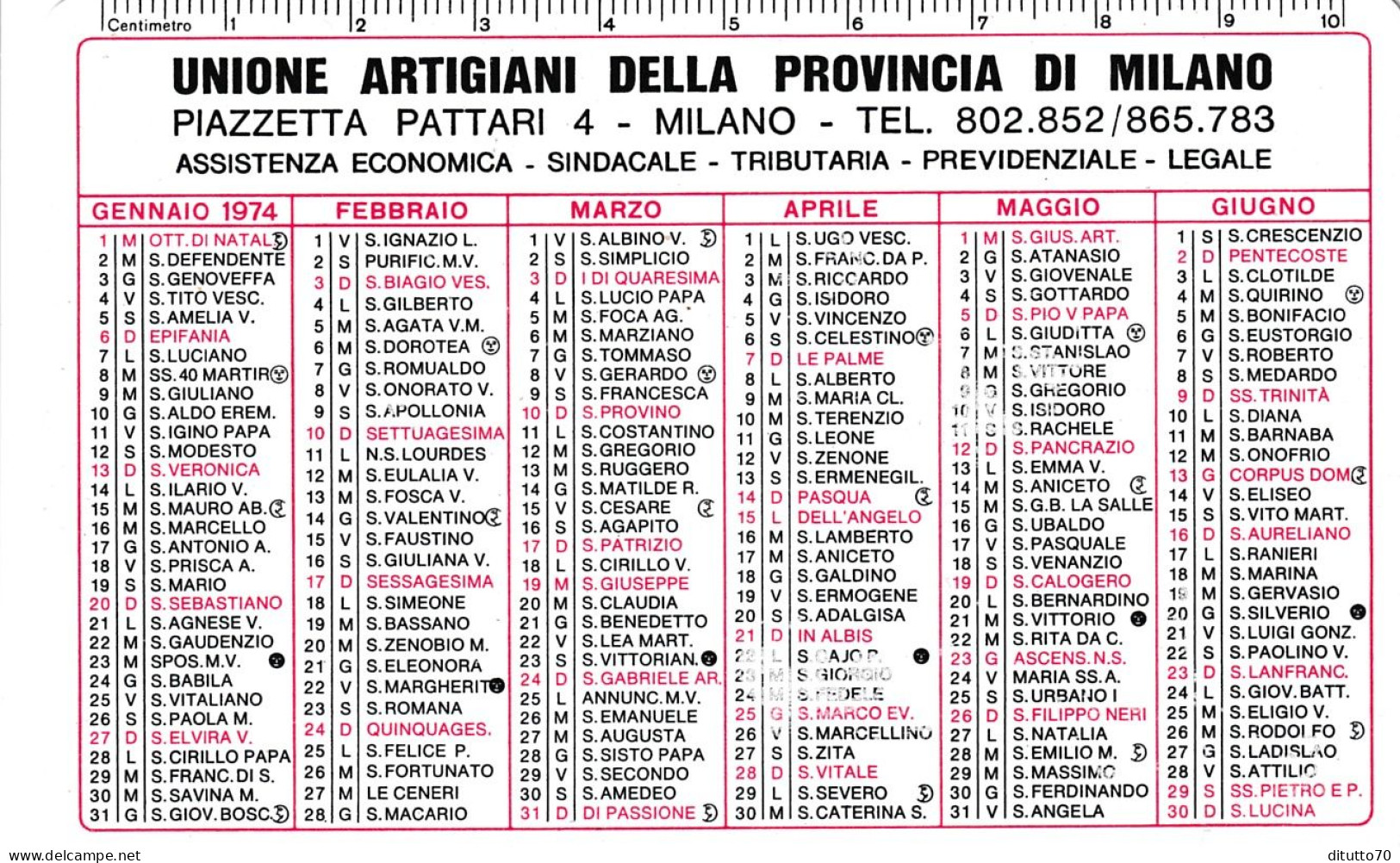 Calendarietto - Unione Artigiani Provincia Di Milano - Anno 1974 - Petit Format : 1971-80