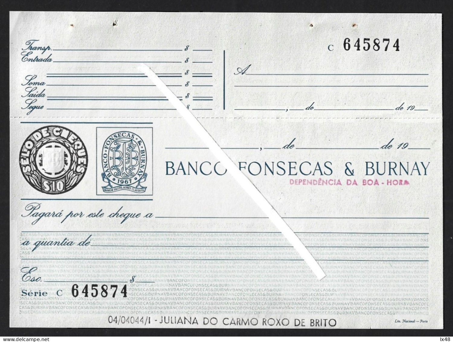 Rare Check From Banco Fonsecas & Burnay BFB Logo With Merger Year 1967. Cheque BFB, Logo Data De Fusão 1967. Raro. - Cheques & Traveler's Cheques