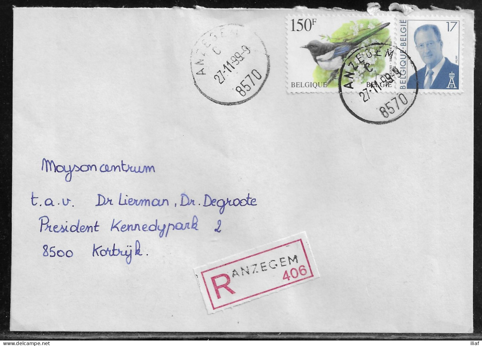 Belgium. Stamps Mi. 2732, Mi. 2749 On Registered Letter Sent From Anzegem On 27.11.1999 For Kortryk - Briefe U. Dokumente