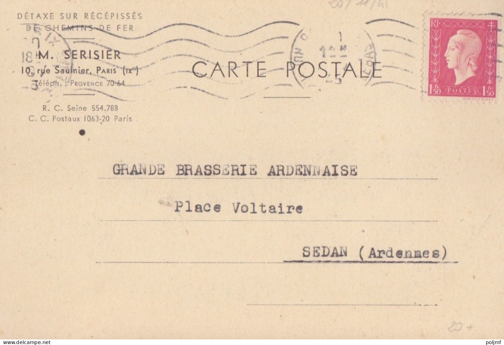 CP-Lettre (Détaxe Sur Récépissés) Obl. RBV Paris IX Le 20 Nov 45 Sur 1f50 Dulac Rose N° 691 (Tarif Du 1/3/45) - 1944-45 Marianne Of Dulac