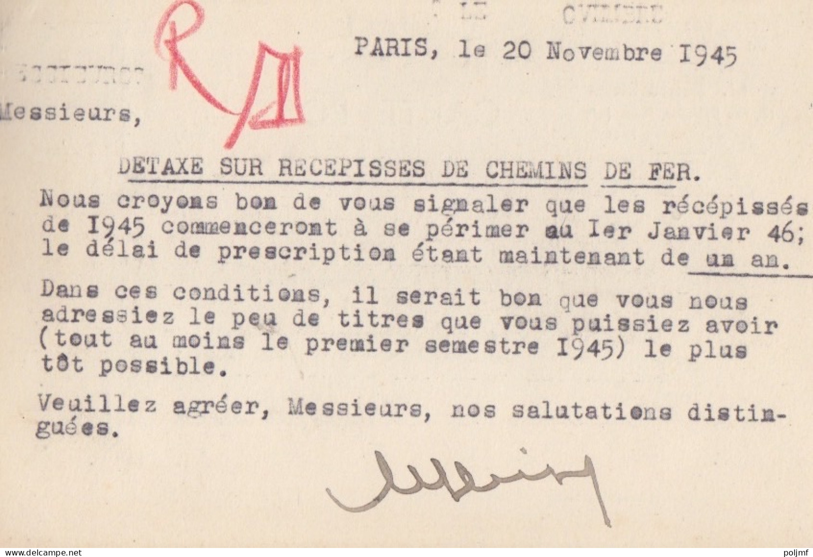 CP-Lettre (Détaxe Sur Récépissés) Obl. RBV Paris IX Le 20 Nov 45 Sur 1f50 Dulac Rose N° 691 (Tarif Du 1/3/45) - 1944-45 Marianne Of Dulac