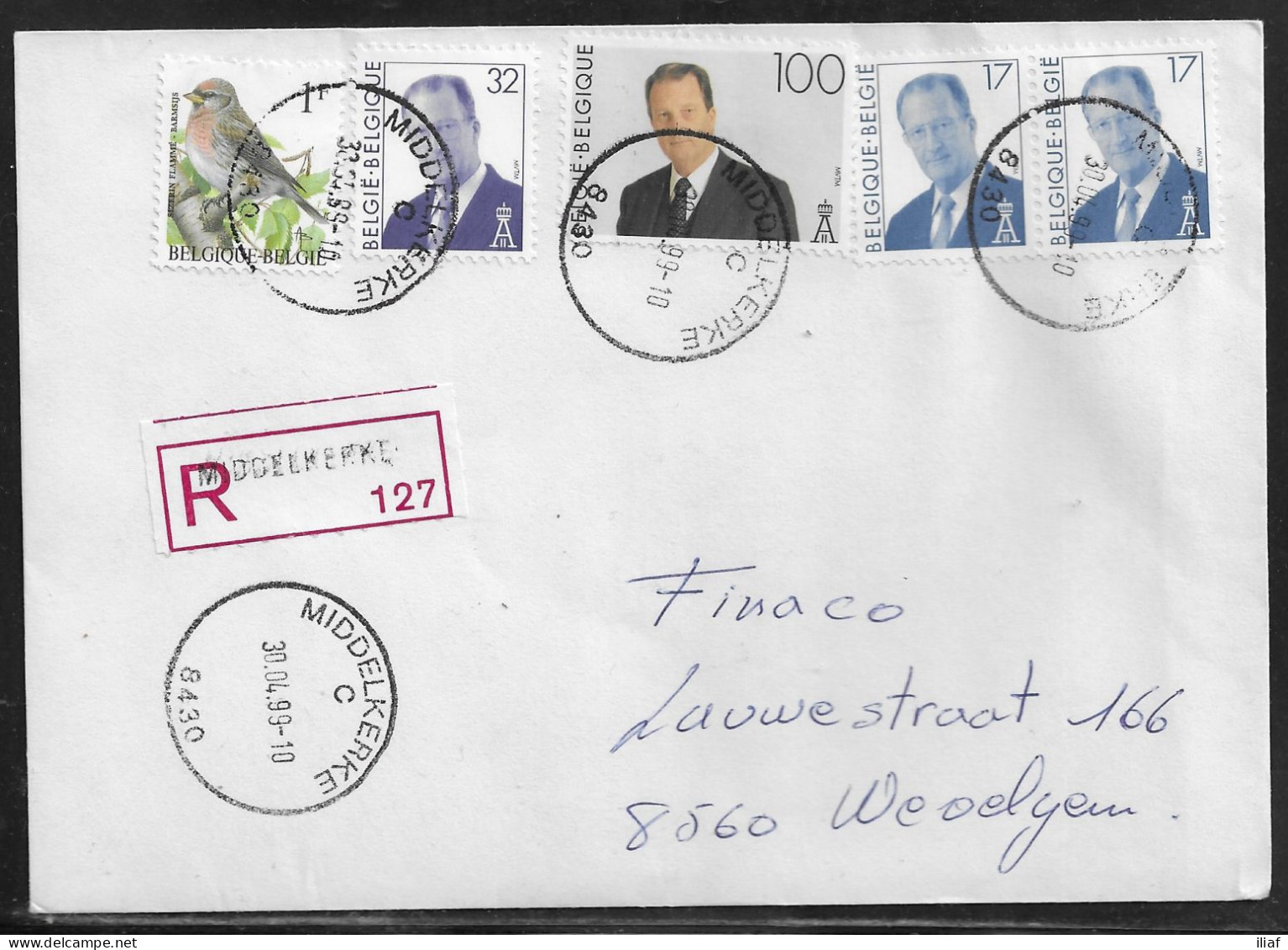 Belgium. Stamps Mi. 2732, Mi. 2841, 2628, 2509 On Registered Letter Sent From Middelkerke On 27.11.1999 For Wevelgem - Briefe U. Dokumente