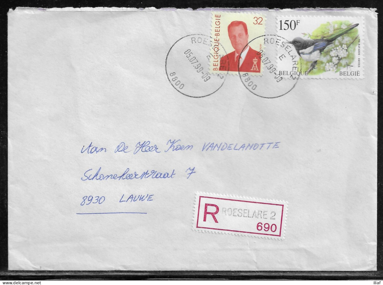 Belgium. Stamps Mi. 2598, Mi. 2749 On Registered Letter Sent From Roeslare On 5.07.1999 For Lauve - Lettres & Documents