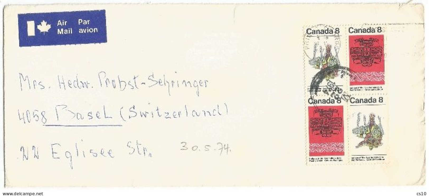 Canada Pacific Coast Indians Block4 Simple Franking AirmailCV Pr.George BC 30may1974 X Suisse - Postgeschichte