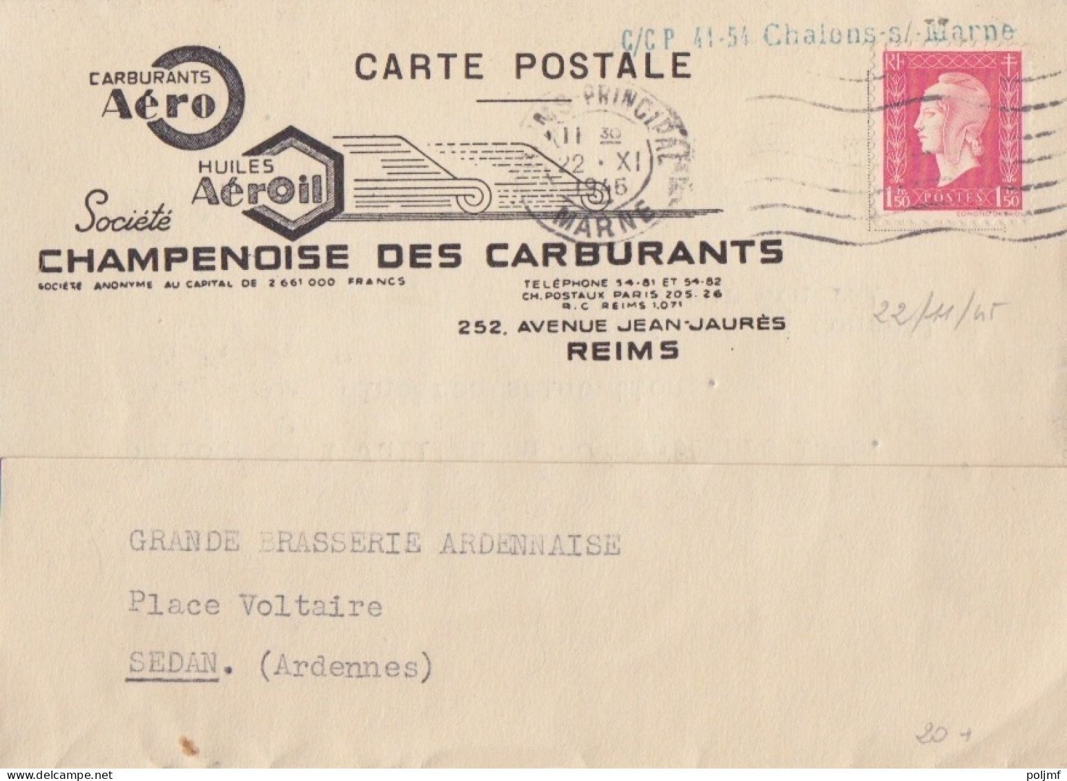 2 CP (Champenoise Des Carburants) Obl. Flier Reims Les 22 XI Et 6 XII 45 Sur 1f50 Dulac Rose N° 691 (Tarif Du 1/3/45) - 1944-45 Marianne Of Dulac